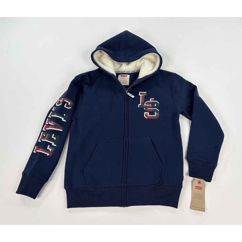 Levis Sherpa Lined Hoodie Plaid Varsity Logo Navy Blue Boy's Medium 10-12 New